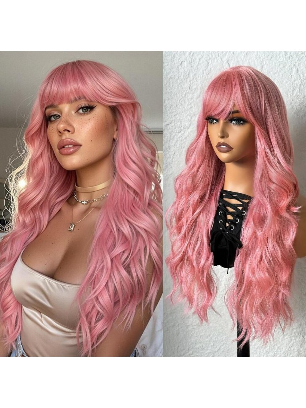 Women's Pink 24 Inch Heat Resistant Synthetic Short Wavy Long Curly Wigs